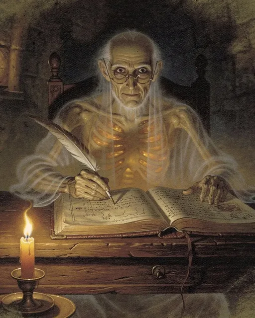 Osperan the chronicler: the ghost of an old scholar in spectacles, embers glowing behind his ribs, writing in a great ledger by a single candle