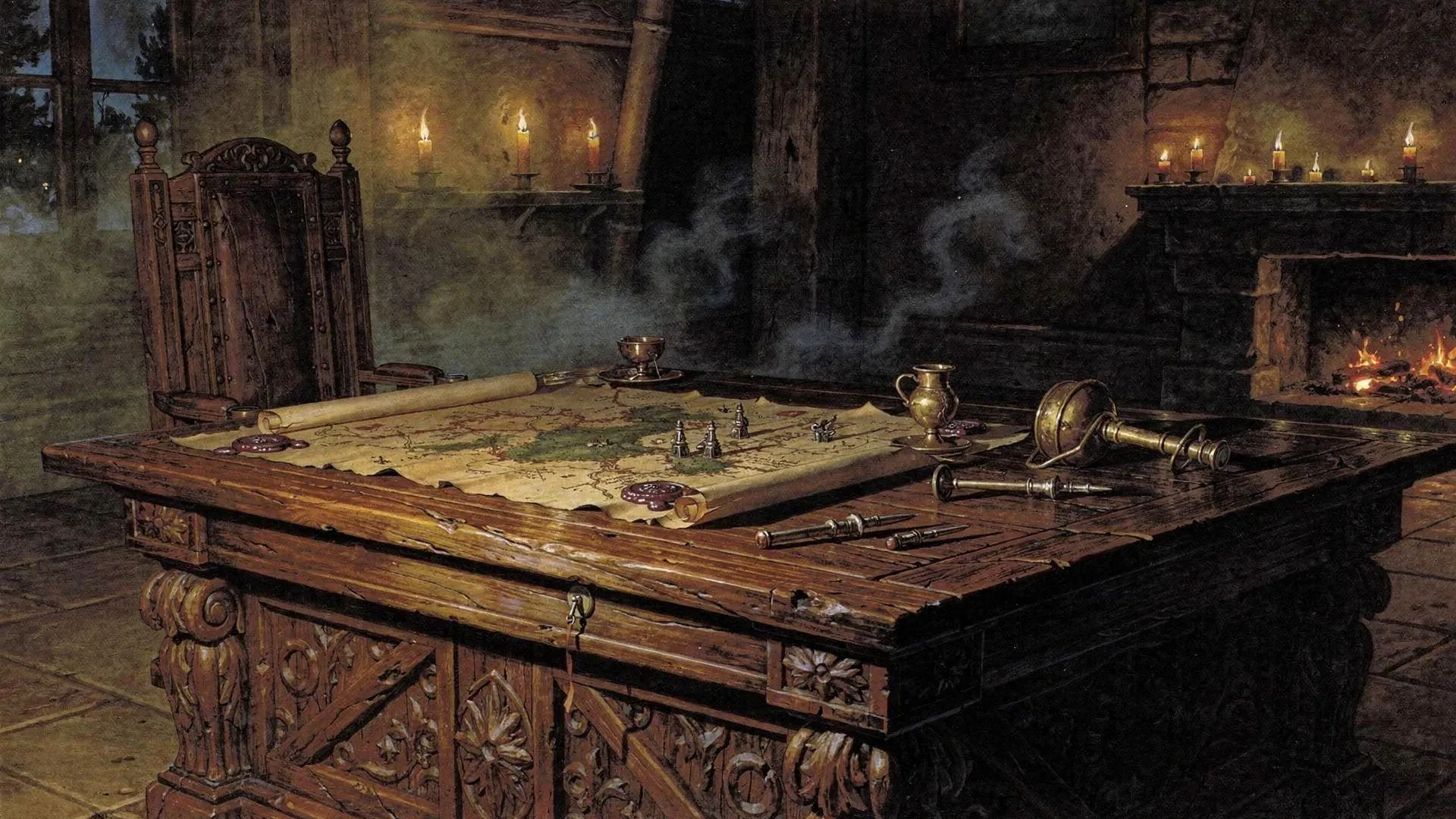 A carved oak war table in a candlelit hall: an unrolled map of the realm weighted with wax seals, pewter markers standing on the provinces, a fire burning low in the hearth behind