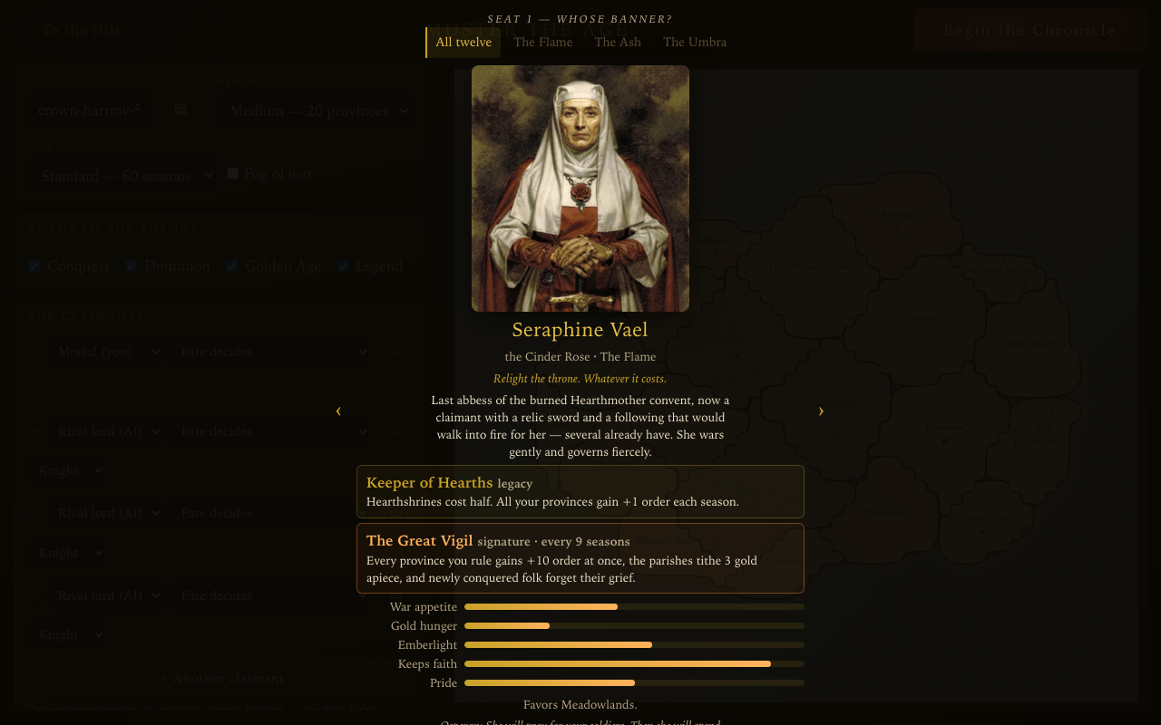 The lord gallery: a painted portrait of Seraphine Vael with her legacy, signature order, and temperament laid out plainly