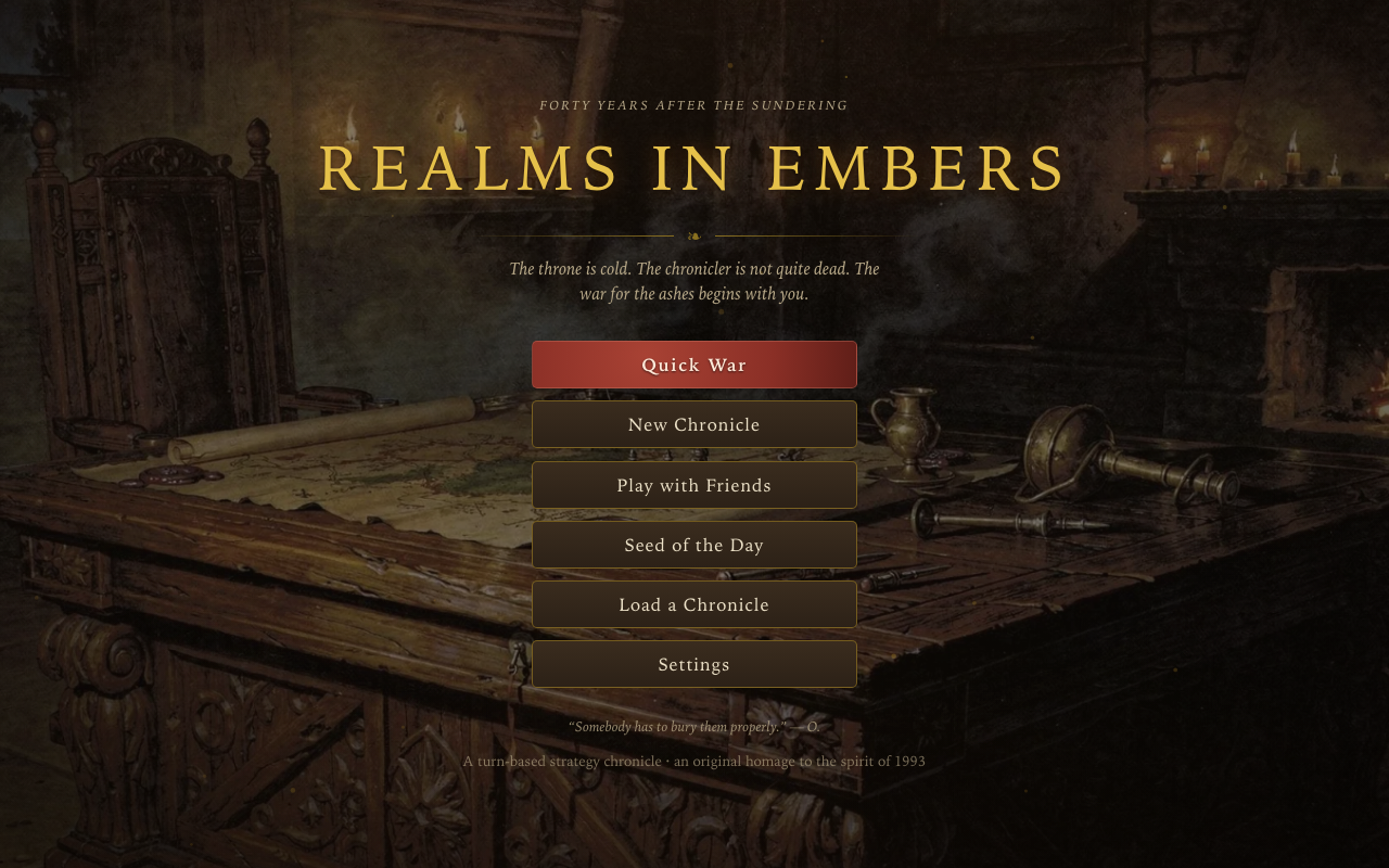 The title screen: a candlelit hall, the wordmark glowing over a war table
