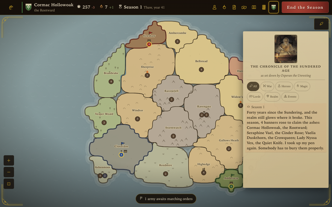 The war table: a painted map of provinces, the chronicle feed on the right
